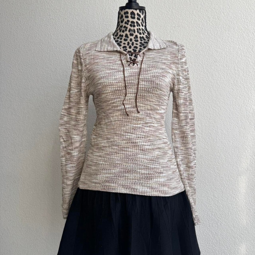 Rave Y2K Cream and brown striped long sleeve top with lace up detail